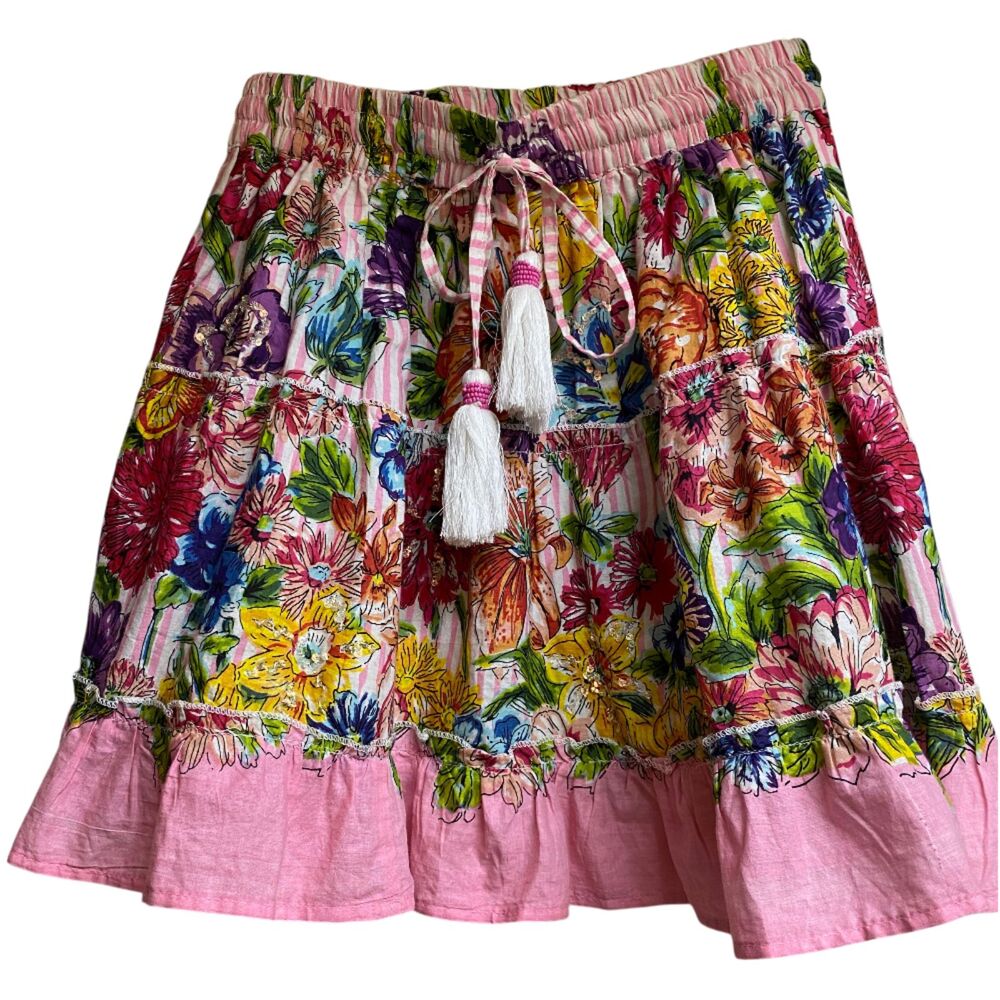 Chloe Laetitia Floral Tiered Ruffle Mini Skirt Pink Trim Tassels S/M **Rare**